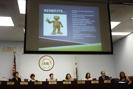 Members of the ABC Unified School Board during  Tuesday's meeting in Cerritos.  Randy Economy Photo