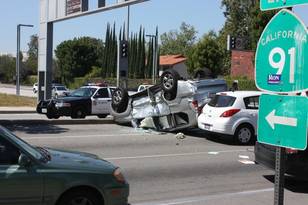 Three car crash in Cerritos on Monday morning in front of the Los Cerritos Community Newspaper officers at Shoemaker and Artesia.