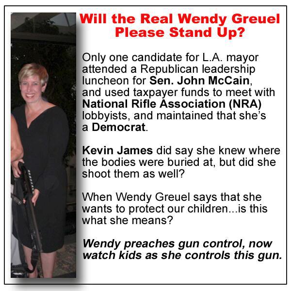 Copy of flyer sent to news agencies on Friday showing LA Mayor candidate Wendy Greuel holding what appears to be a semi-automatic weapon. 