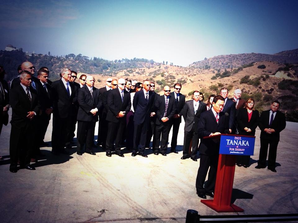 Paul Tanaka makes his campaign announcement for LA County Sheriff on Thursday. Photo from the Tanaka campaign.