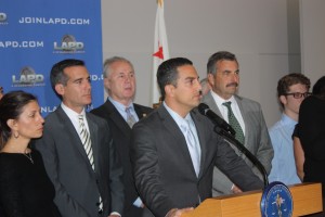 Assemblyman Mike Gatto is joined by Los Angeles Mayor Eric Garcetti, Councilman Tom Labonge and Police Chief Charlie Beck at a press conference announcing a $50,000 Reward to find this killer of his father Joseph Gatto.  Randy Economy Photo