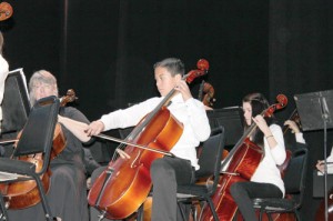 Luis Nava from Los Alisos Middle School and Destiny Salazar from Benton Middle School play “Voyage to the End of the World” with the La Mirada Symphony on Tuesday, Feb. 18 at the La Mirada Theatre for the Performing Arts.