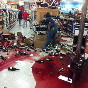 The Trader Joes in Whittier took a direct hit to its wine department. Hundreds of bottles were broken. Photo via Facebook (Gary Mendez)