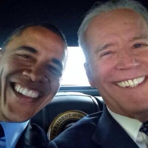 Obama and Biden mug for Presidential selfie.
